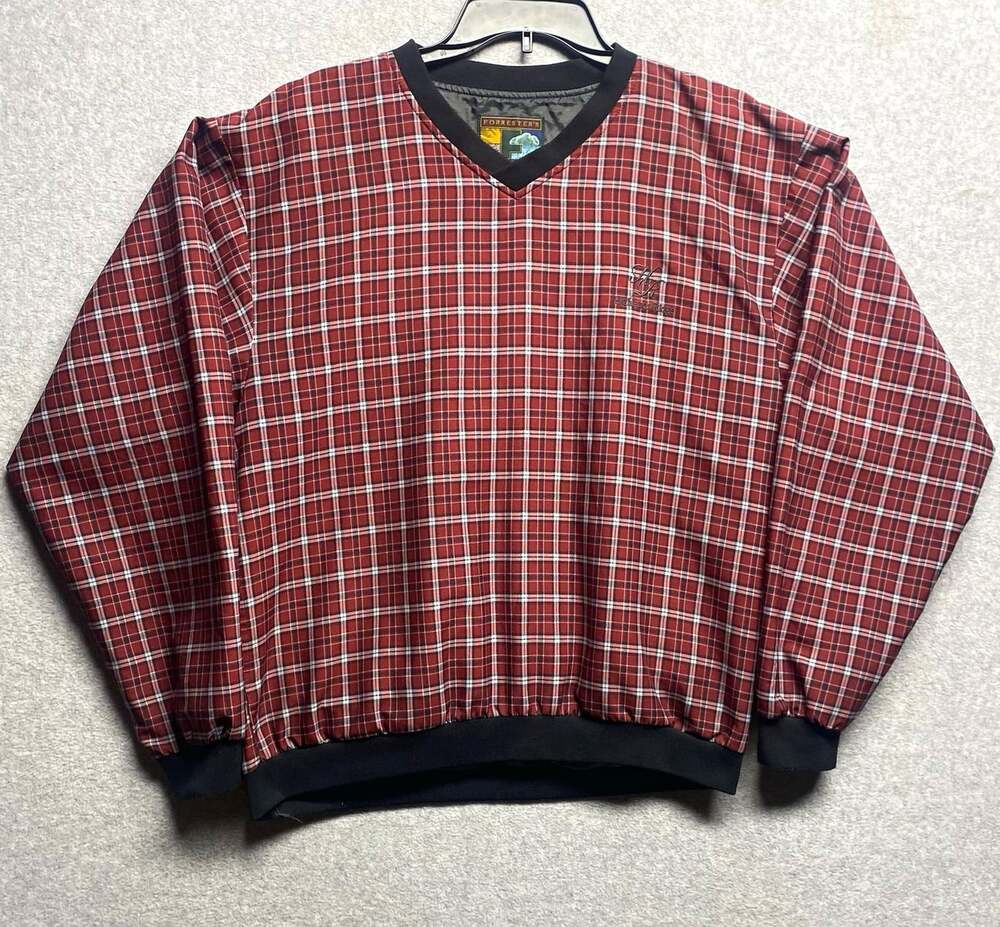 Vintage Forrester’s Men M Plaid Pullover Jacket V-Neck Lined Embroidered Red/Blk